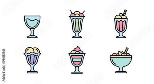 Colorful vector illustration of various ice cream desserts in elegant glasses.