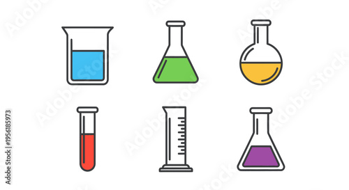 Colorful laboratory glassware set for scientific research and experiments isolated on white.