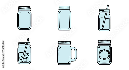Collection of mason jars in various shapes and designs, vector illustration.