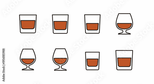 Collection of various whiskey glasses with brown liquid inside, isolated on white.