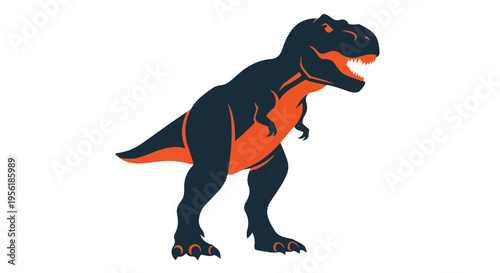 Stylized graphic illustration of a roaring Tyrannosaurus Rex dinosaur in dark blue and orange colors.