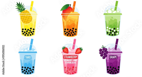 Colorful assortment of refreshing bubble tea drinks with various fruit flavors and toppings.