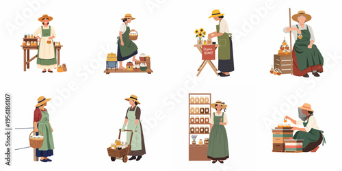 Set of female beekeepers and farmers selling organic honey, jars, and fresh products in a flat vector illustration style.
