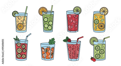 Colorful and refreshing summer drinks with various fruits and vegetables in glasses.