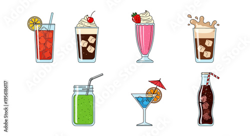Colorful illustration of various refreshing beverages with ice and garnishes.