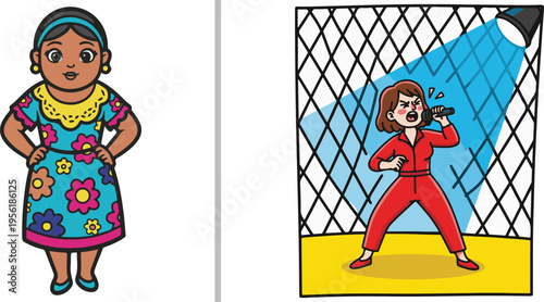 Vector set featuring a woman in a floral traditional dress alongside a woman in a red jumpsuit singing into a microphone under a blue spotlight, set against a diamond-mesh background.