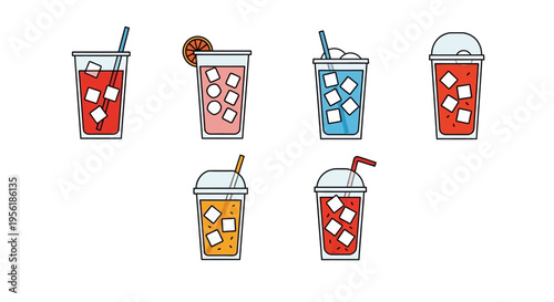 Colorful refreshing drinks with ice cubes in transparent plastic cups on white background.