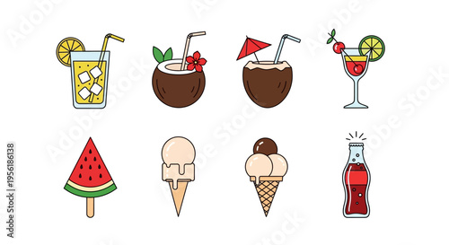 Colorful summer drinks and desserts vector illustration set on white background.