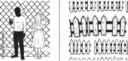 Black and white vector illustration showing a man and woman by a chain-link fence, paired with various hand-drawn wooden picket fence segments and grass tufts.
