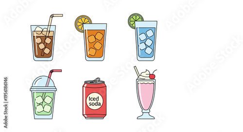 Refreshing summer drinks with ice and fruit slices, vector illustration set.