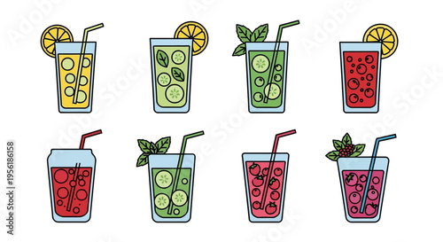 Colorful and refreshing summer drinks with fruit slices and straws in glasses.