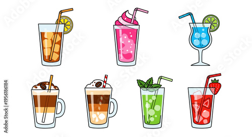 Colorful and refreshing illustrations of various cold drinks and cocktails.