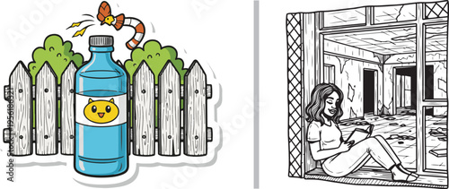 Vector set featuring a blue water bottle with a cat label by a picket fence, and a black-and-white sketch of a woman sitting in a window frame reading a book in a rustic interior.