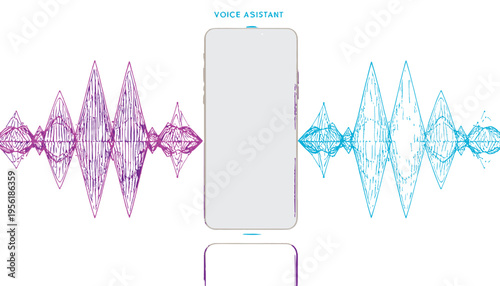 Voice Assistant & Smartphone: A contemporary depiction of voice assistant technology, highlighting its role in modern smartphones, featuring colorful sound waves as a key visual element.