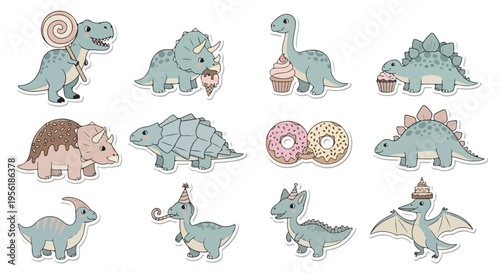 A charming collection of cute cartoon dinosaurs in pastel colors, many enjoying sweet treats and wearing party hats.