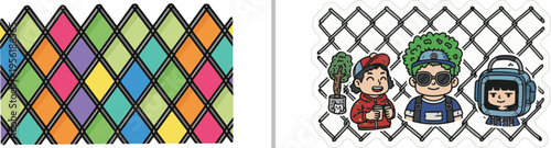 Vector graphic showcasing a colorful harlequin diamond pattern alongside a group of three cartoon characters in front of a wire mesh fence, featuring vibrant colors and playful designs.