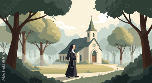 A nun walking towards a church in a serene landscape.