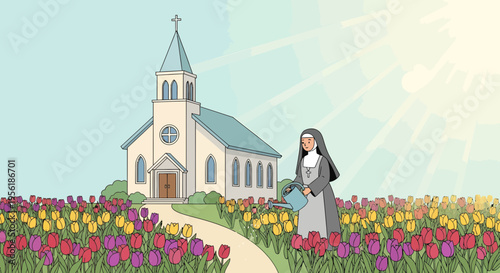 A nun tending to flowers in a garden near a church.