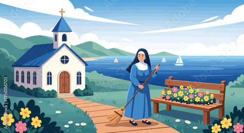 A nun with a broom and a floweradorned bench.