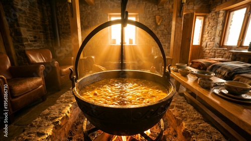 Large black cast iron cauldron filled with simmering golden stew hangs over an open fire providing warm rays of light indoors.