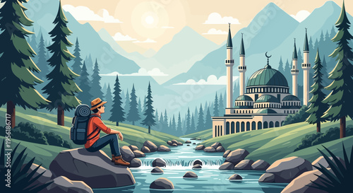 Adventurous hiker rests by stream near mosque.