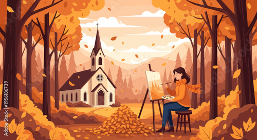 Artist painting autumn scene with church.