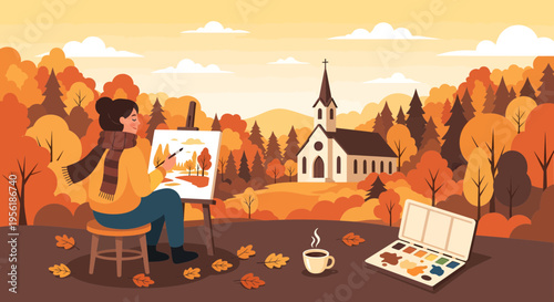 Artist painting autumn landscape scene outdoors.