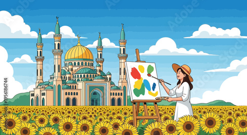 Artist painting a vibrant abstract artwork in a sunflower field.