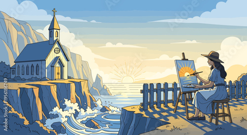 Artist painting serene coastal landscape at sunset.