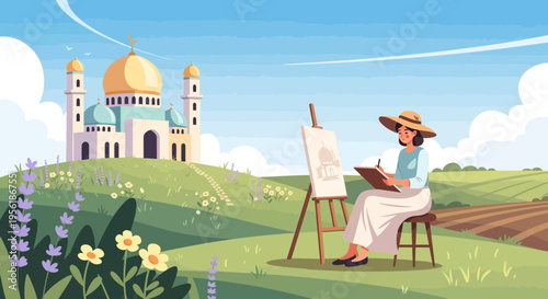 Artist painting outdoors in a scenic landscape.