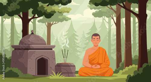 Buddhist monk meditating peacefully in serene natural environment.