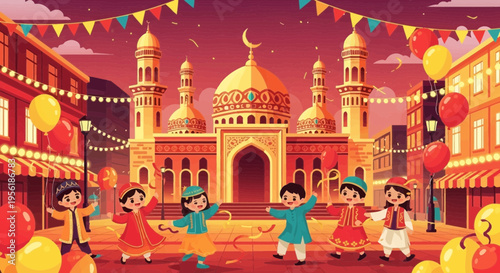 Children celebrating Eid festival in front of mosque.