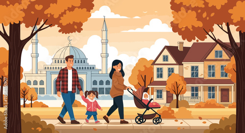 Family Strolling Through Autumn Park with Baby Stroller.
