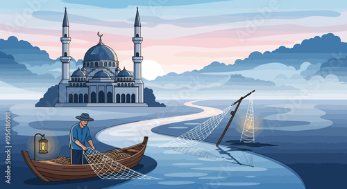Fisherman in boat with net and lantern near mosque.