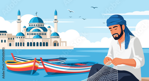 Fisherman Mending Net by the Sea.