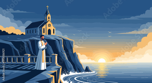 Jesus Christ standing on cliff overlooking ocean sunset.