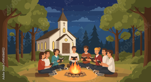 Group of people sitting around campfire reading books.