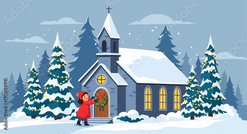 Little Girl Decorating Church Entrance with Wreath.