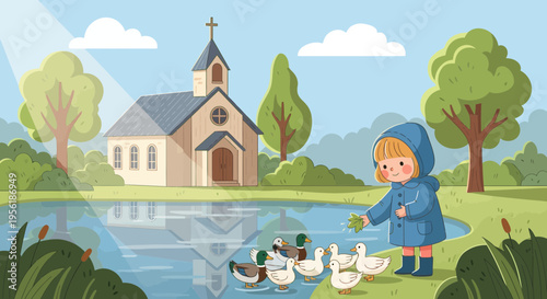 Little girl feeding ducks by the pond near a church.
