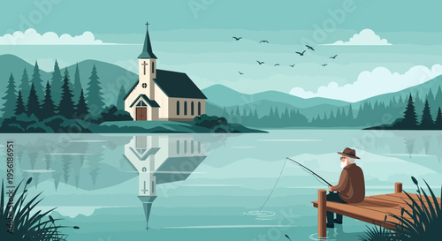 Man fishing from a wooden pier near a church.