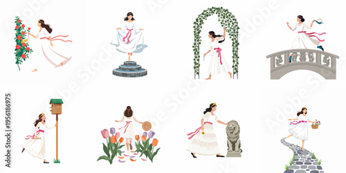 Set of flat vector illustrations featuring a young woman in a white dress exploring various scenes in a whimsical and romantic garden setting.