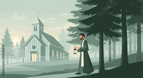 Man in Clerical Robes Carrying Lantern Walking Towards Church.