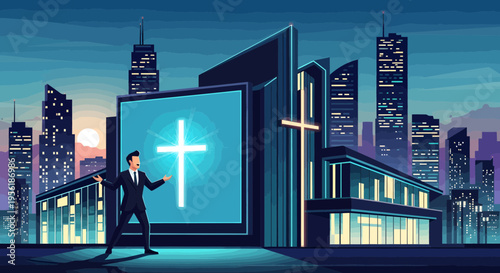 Man in suit gesturing towards glowing cross on screen.