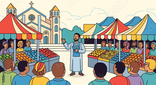 Man in traditional clothing addressing a crowd at a market.