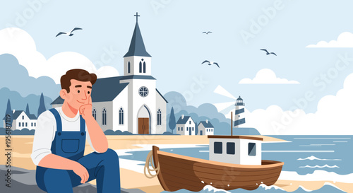 Man sitting on beach looking thoughtful.