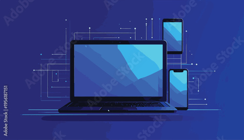 Digital Convergence: A minimalist depiction showcases modern technology, highlighting the interconnectedness of a laptop, smartphone, and mobile phone against an electric blue gradient background.