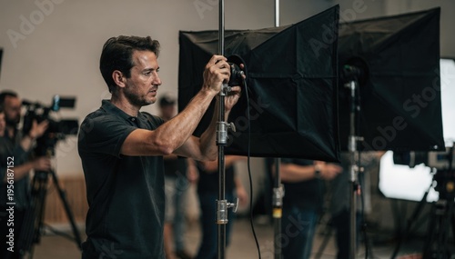 Focused medium shot on gaffer attaching flags to light stands enhancing highcontrast shadows with outoffocus crew and equipment surrounding the scene.