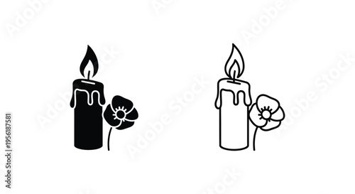 Candle and Poppy Flower Vector Icon Set