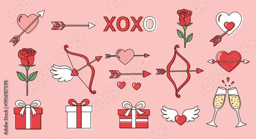 Valentine's Day Icons Cupid's Arrows, Hearts, Roses, Gift Boxes, and Champagne Glasses for Romantic Celebrations