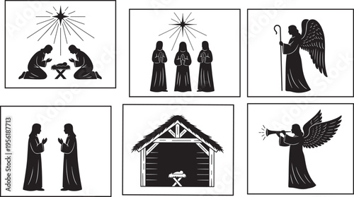 Silhouettes of nativity scene with Mary, Joseph, baby Jesus in manger, three wise men, shepherds, and star of Bethlehem symbolizing Christmas tradition and Christian faith